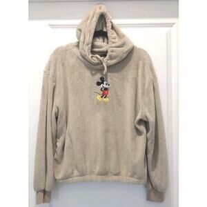 Disney Mickey Mouse Tan Fuzzy Pullover Hoodie XL Embroidered